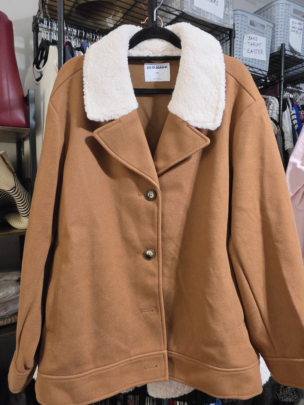 Camel Teddy Coat with Cream Faux Sherpa Collar